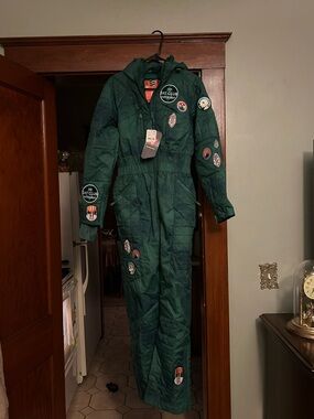 Free People Dark Green Puffer Ski One-Piece with Patch Details